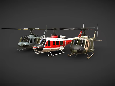 Three Different Design Helicopters Showcased On Gray Background With Detailed Features 3d model