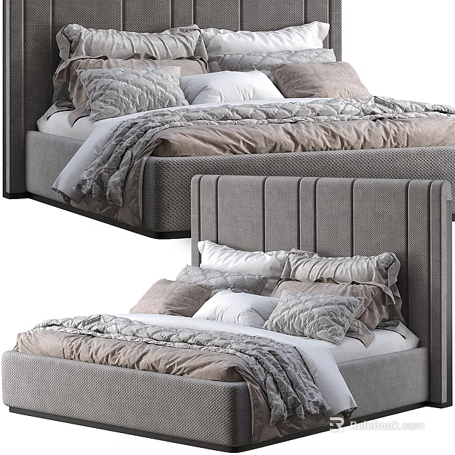 Modern Upholstered Double Bed With Multiple Soft Pillows And Cozy Bedspread Design 3d model 