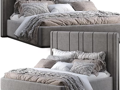 Modern Upholstered Double Bed With Multiple Soft Pillows And Cozy Bedspread Design 3d model