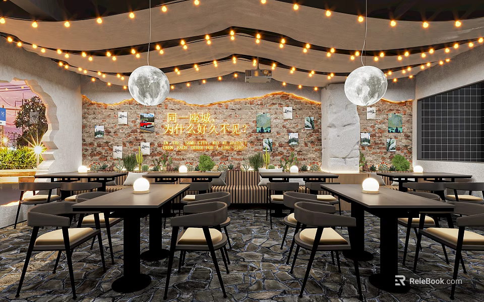 Cozy Bar Interior With Warm String Lights Round Pendants And Brick Walls 3d model 