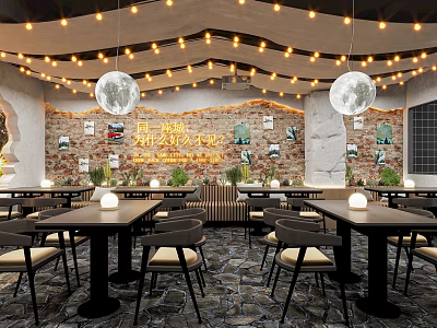 Cozy Bar Interior With Warm String Lights Round Pendants And Brick Walls 3d model