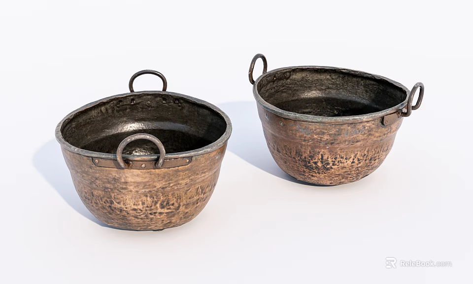 Traditional Vintage Copper Kitchen Bowls With Dual Handles And Rustic Design 3d model 