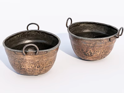 Traditional Vintage Copper Kitchen Bowls With Dual Handles And Rustic Design 3d model