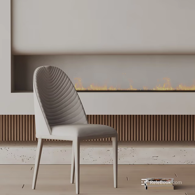 Modern Light Gray Upholstered Dining Chair with Curved Back by Fireplace and Wooden Paneling 3d model 