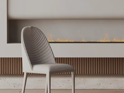 Modern Light Gray Upholstered Dining Chair with Curved Back by Fireplace and Wooden Paneling 3d model