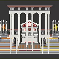 3D Model Commercial Building with Curved Tops Multiple Stalls Red Orange Blue White Symmetrical Layout