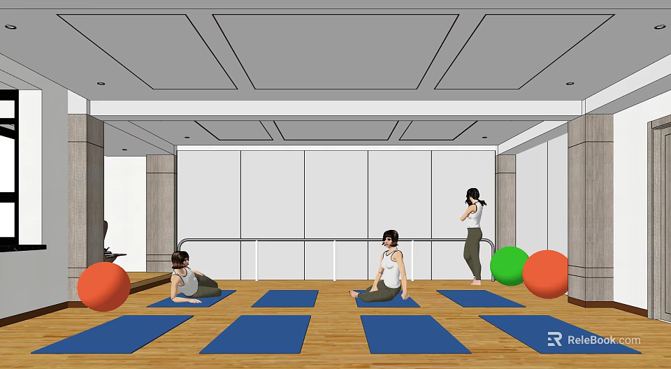 People Practicing Yoga On Blue Mats In Fitness Studio With Exercise Balls 3d model 