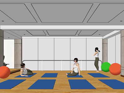 People Practicing Yoga On Blue Mats In Fitness Studio With Exercise Balls 3d model