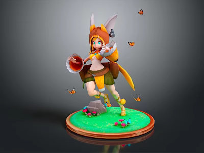 Fox Eared Girl Holding Red Item with Yellow Tail Among Butterflies on Green Base 3d model