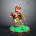 Fox Eared Girl Holding Red Item with Yellow Tail Among Butterflies on Green Base