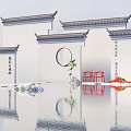 Traditional Chinese Garden Wall With Tile Roof Circular Windows Water Pond and Stone Path