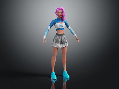 Pink Haired Character 3D Model Wearing Blue White Top Gray Pleated Skirt and Blue Shoes 3d model