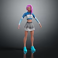 Pink Haired Character 3D Model Wearing Blue White Top Gray Pleated Skirt and Blue Shoes