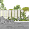 Gray Vertical Striped Feature Wall in Garden with Green Trees Rocks and Stone Pavement