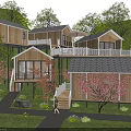 Wooden Guesthouse Buildings With Balconies Amid Cherry Blossom Trees And Green Lawn