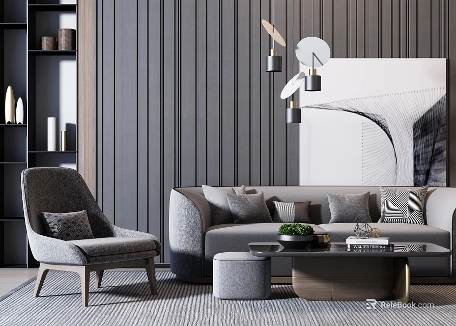 Modern Neutral Gray Sofa And Coffee Table Set With Armchair Wall Art And Pendant Lights 3d model 