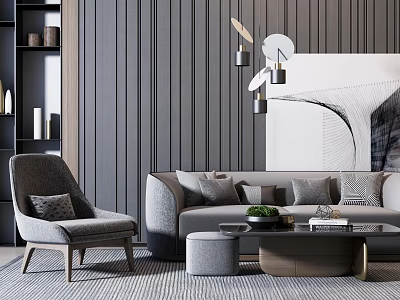 Modern Neutral Gray Sofa And Coffee Table Set With Armchair Wall Art And Pendant Lights 3d model
