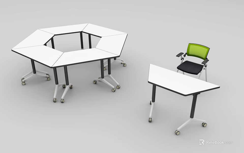 Modern Mobile Octagonal Conference Table With Wheels And Green Chair 3d model