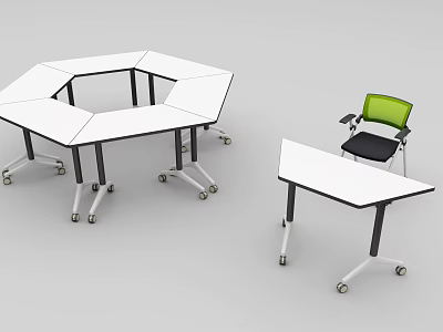 Modern Mobile Octagonal Conference Table With Wheels And Green Chair 3d model