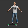 A Man Standing On Skateboard Wearing White T-Shirt With THE MAN Print And Blue Jeans
