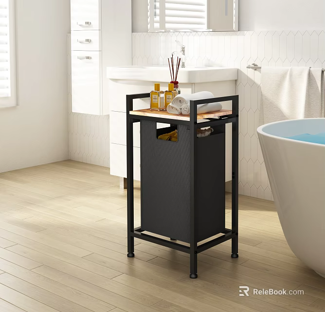 Black Bathroom Storage Shelf with Toiletries and Towel Near Bathtub and White Tile Wall 3d model 