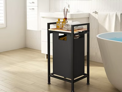 Black Bathroom Storage Shelf with Toiletries and Towel Near Bathtub and White Tile Wall 3d model