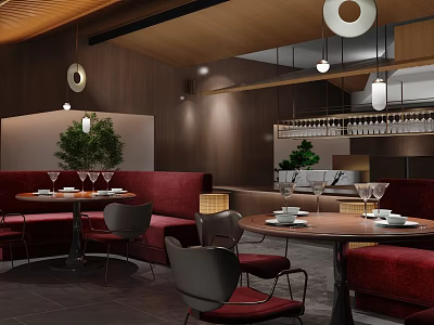 Warm Restaurant Interior With Red Sofas Round Tables Wooden Ceiling And Hanging Lights 3d model