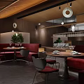 Warm Restaurant Interior With Red Sofas Round Tables Wooden Ceiling And Hanging Lights 3d model