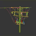 Golden Electrical Utility Pole With Cross Arms Wires Insulators And Equipment