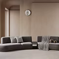 Gray Irregular-Shaped Sofa In Modern Interior With Pillows Blanket Small Round Table And Windows 3d model