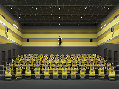 Bright Movie Theater Interior With Yellow Seats Black And Yellow Walls And Ceiling Lights 3d model