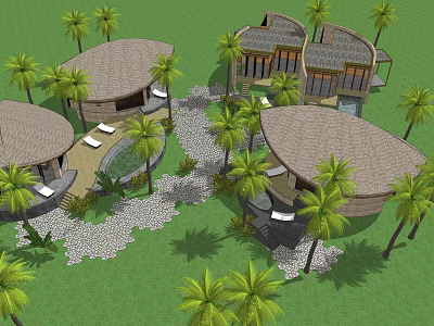 Tropical Boutique Villas Featuring Round Thatched Roofs Palm Trees And Stone Pathways 3d model