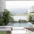 Rockery Stones In Modern Courtyard With Wooden Walkway Steps Greenery And Swimming Pool