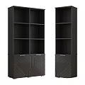 Stylish Display Cabinets Featuring Multiple Shelves Black Brown Beige Tones And Geometric Design Bases