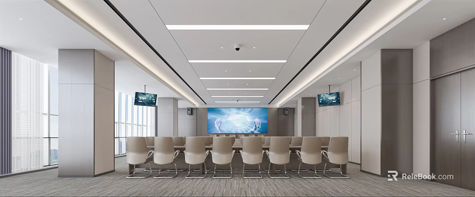 Modern Conference Room Interior With Long Table Chairs Large Screen And Ceiling Lights 3d model