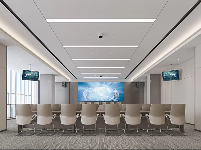 Modern Conference Room Interior With Long Table Chairs Large Screen And Ceiling Lights 3d model