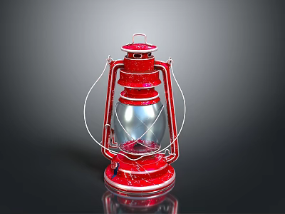 Vintage Red Lantern With Metal Frame And Transparent Glass Shade 3d model