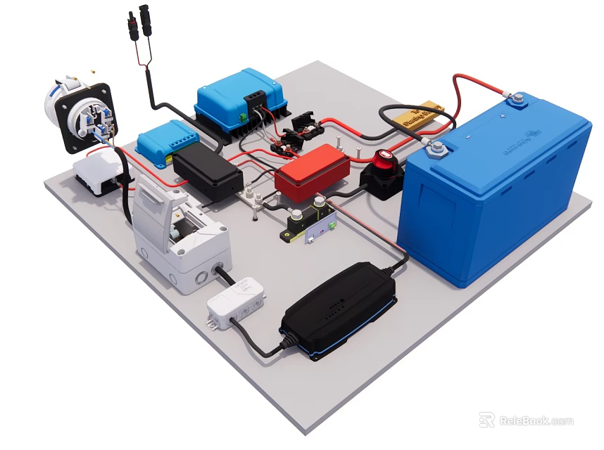 Battery And Electronic Components Setup With Wiring And Circuit Devices 3d model