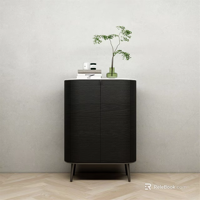 Modern Black Sideboard with Wood Grain Texture Metal Legs Green Vase Plant and Books 3d model 