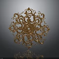 Golden Ornate Decorative Component With Intricate Filigree And Symmetrical Scroll Patterns
