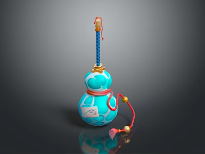 Commercial Gourd Shaped Equipment With Blue Body Gold Accents Red String Decoration And White Label 3d model