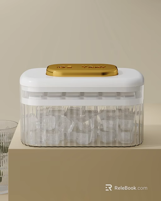 Transparent Ice Tray Container with Golden Lid Holding Ice Cubes 3d model 