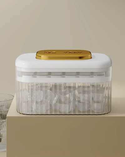 Transparent Ice Tray Container with Golden Lid Holding Ice Cubes 3d model