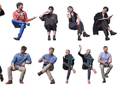 Group of People in Various Sitting Poses With Casual Clothing and Different Gestures 3d model