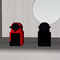 Sleek Kitchen Interior With Red And Black Appliances Gray Walls And Round Window