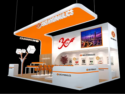 Modern Hydraulics Exhibition Booth With Orange White Design Curved Canopy And Display Screen 3d model