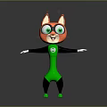 Red Fur Cartoon Cat In Superhero Green Costume With Mask And Chest Emblem