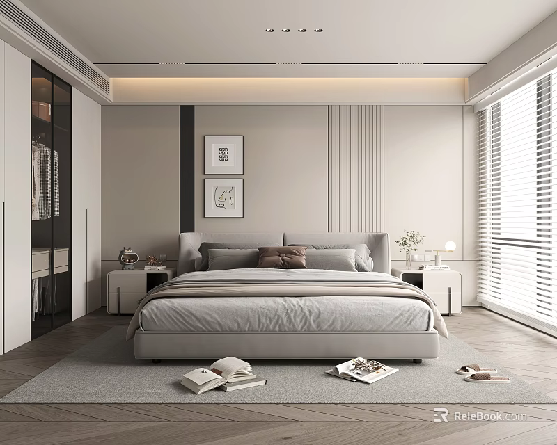 Modern Minimalist Bedroom Interior With Gray Bed Nightstands Wall Art And Area Rug 3d model 
