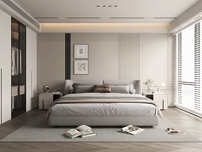 Modern Minimalist Bedroom Interior With Gray Bed Nightstands Wall Art And Area Rug 3d model