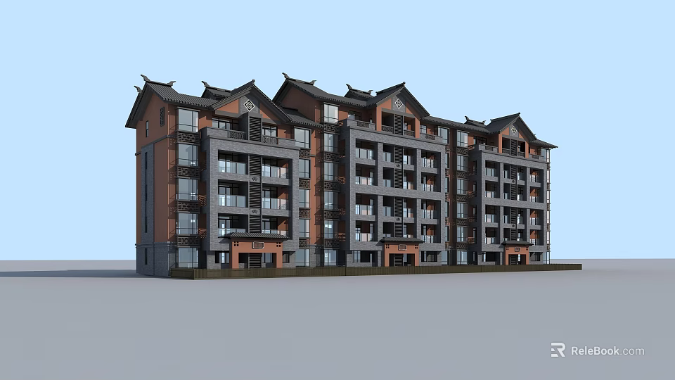 Multi story Residential Building With Chinese style Roof Modern Structure And Balconies 3d model 